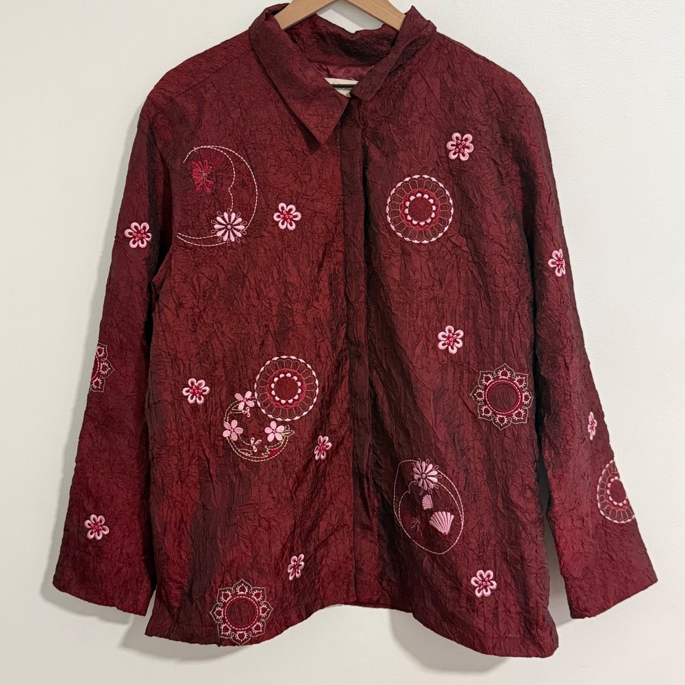 Marsh Landing Jacket Womens XL Burgundy Floral Embroidered Crinkle Boho Artsy